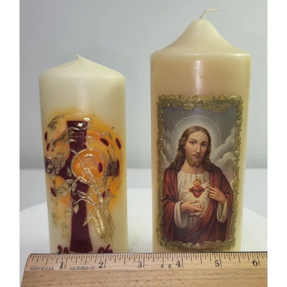 Vintage Religious Pillar Candles Sacred Heart Jesus Cross 2006 Cream Set of 2